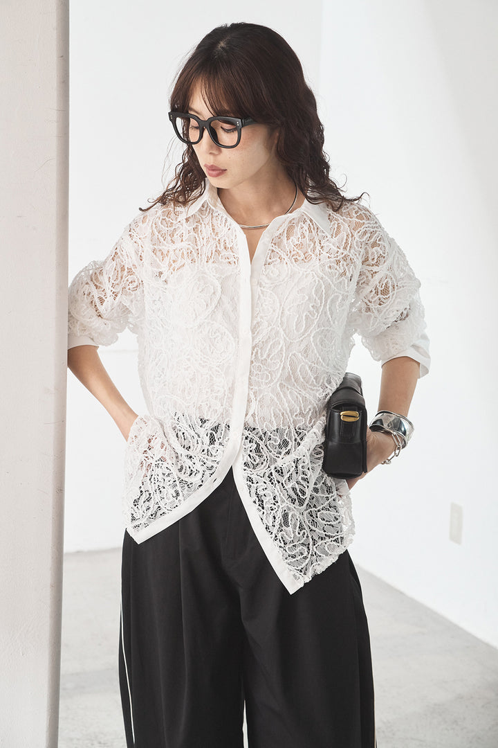 [SET]刺繍レースオーバーサイズシャツ+合繊ツイルパイピングタックカーブパンツ(2set)