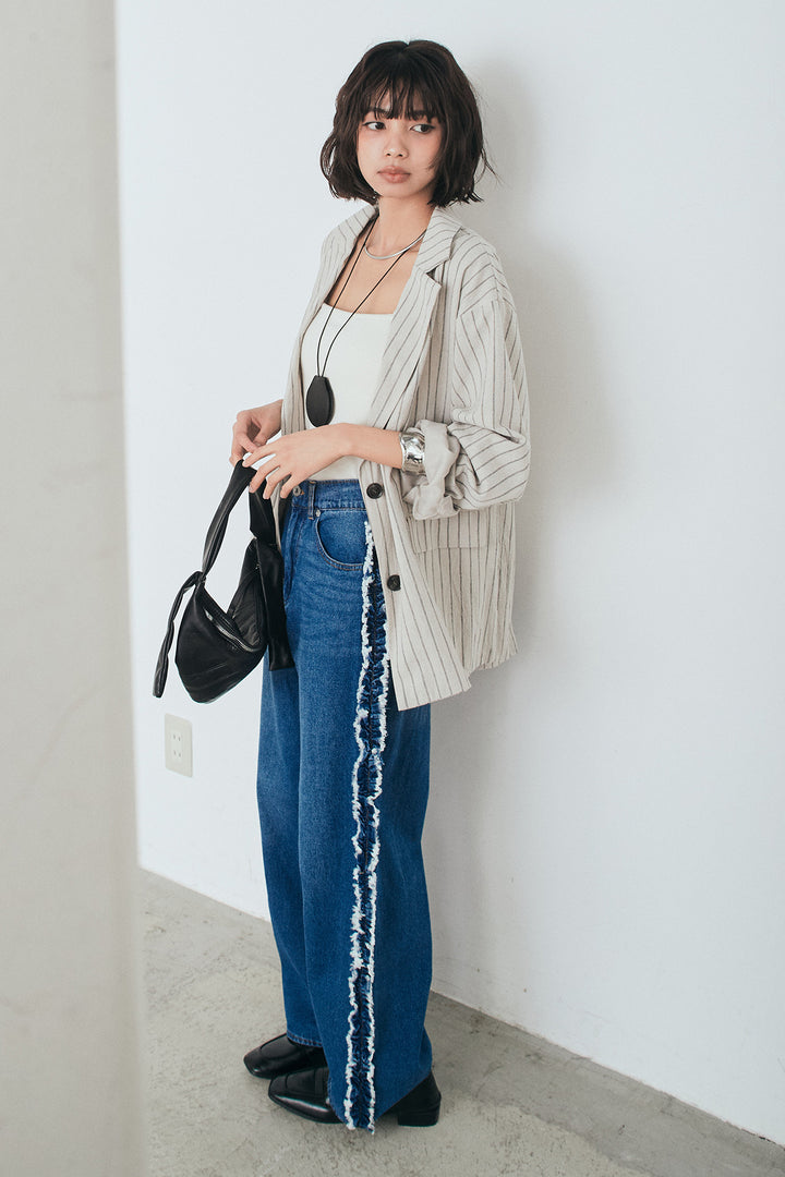 [SET]リネンライクストライプテーラードジャケット+デニムサイドフリルパンツ(2set)