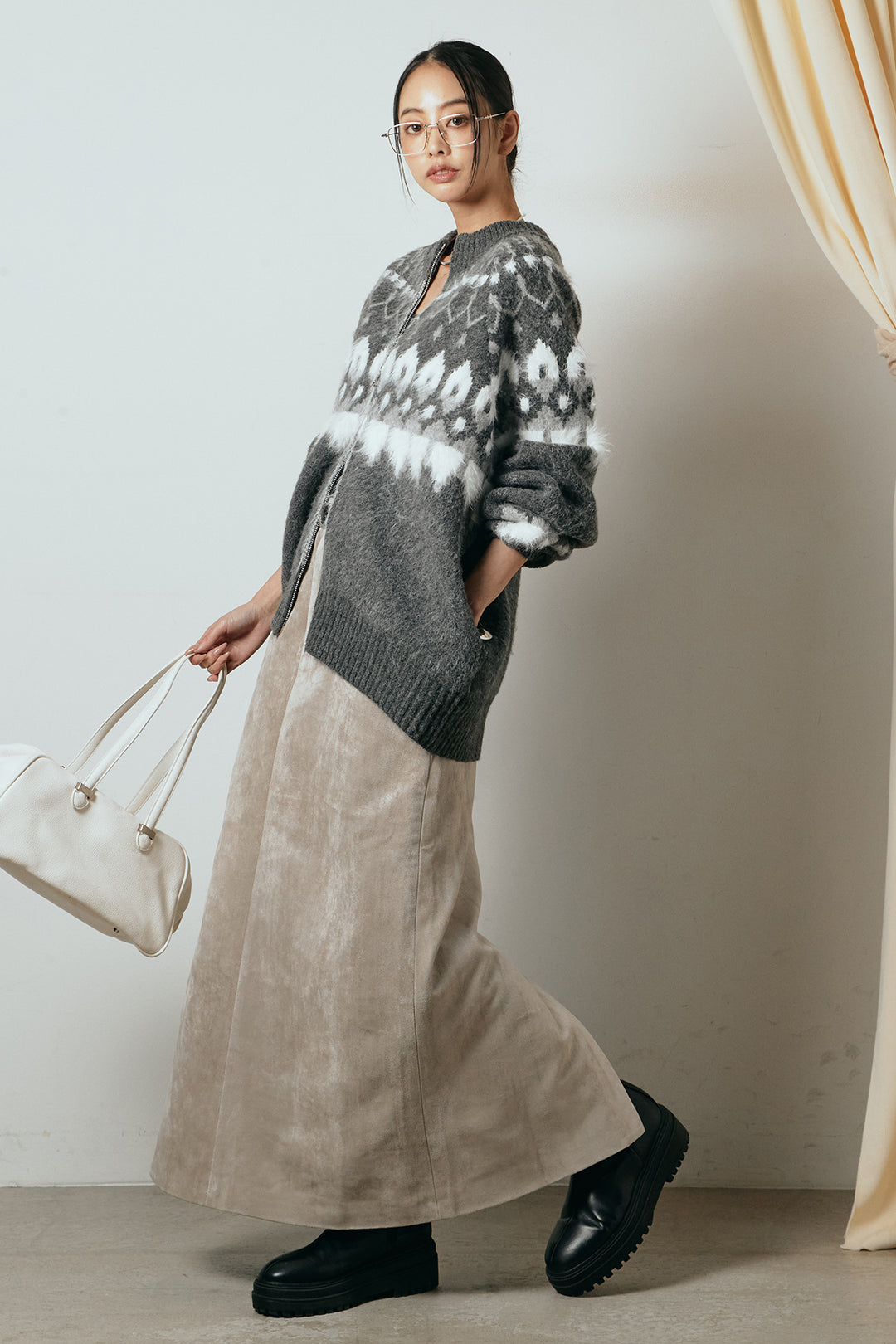[SET]起毛ダブルジップパターンニットカーディガン+エコスウェードワイドスカート(2set)