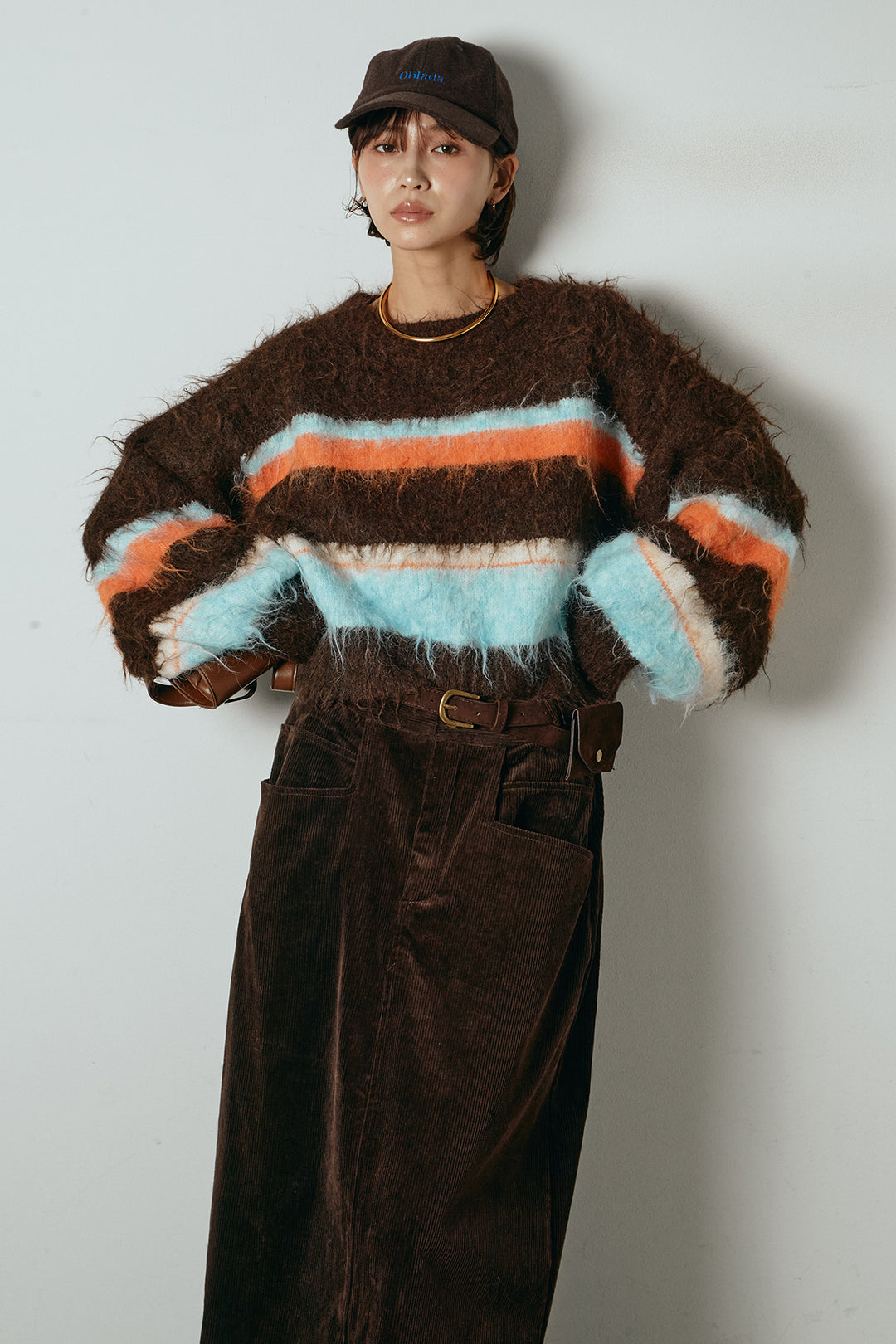 [SET]起毛配色マルチボーダーニットトップス+ポーチベルト付きコーデュロイワイドスカート(2set)