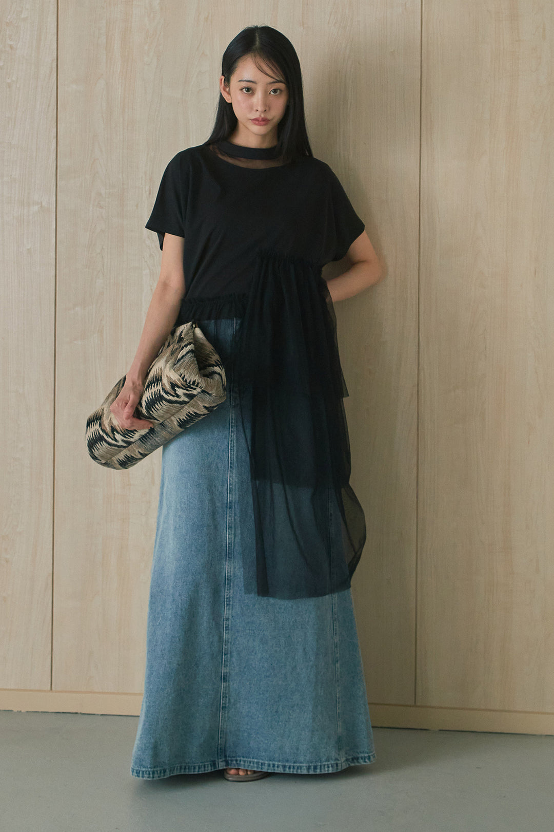 [SET]アシンメトリーチュールフリルTシャツ+デニムロングフレアスカート(2set)