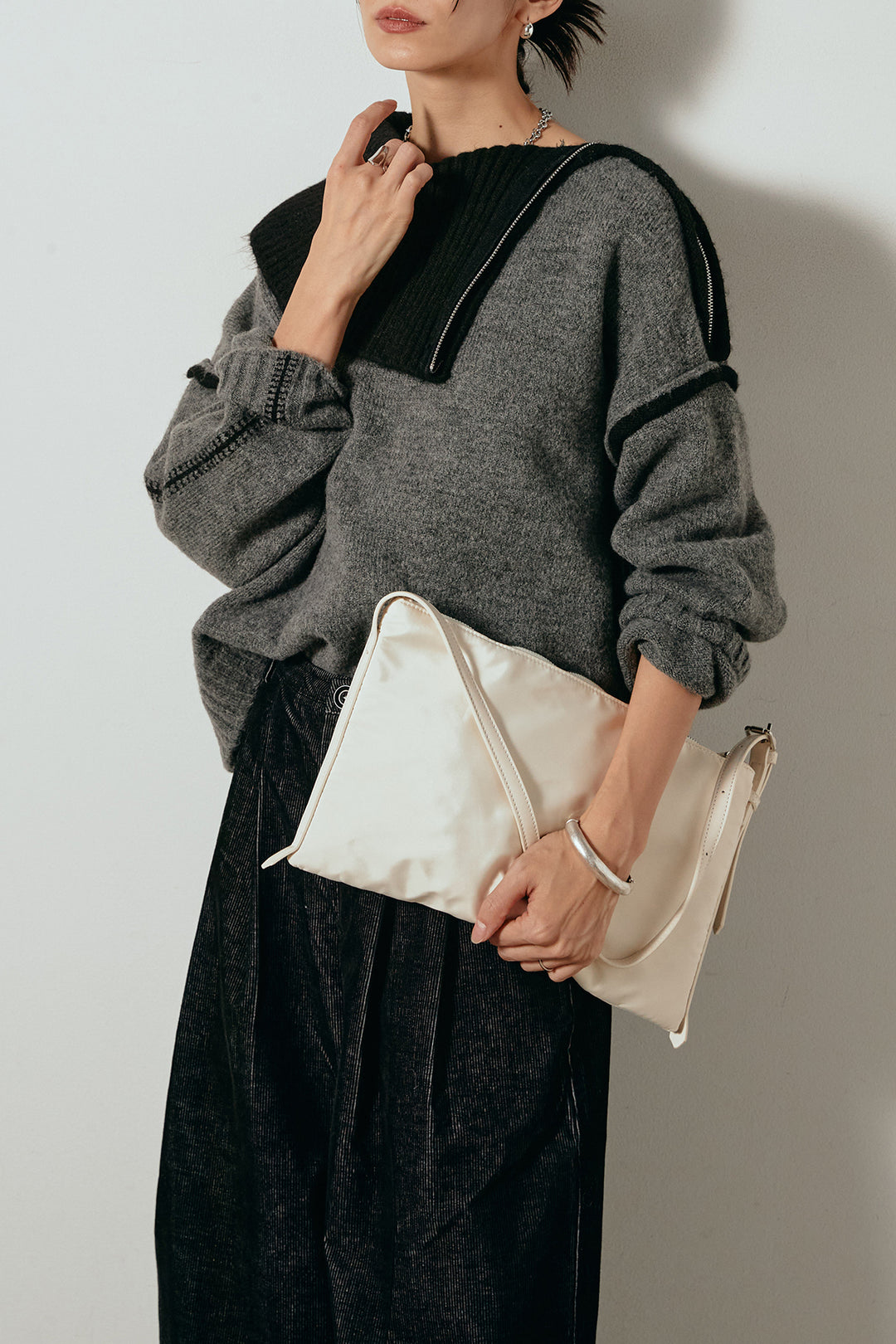 [SET]ハイネックジップデザインニットトップス+フロントタック入りコーデュロイパンツ(2set)