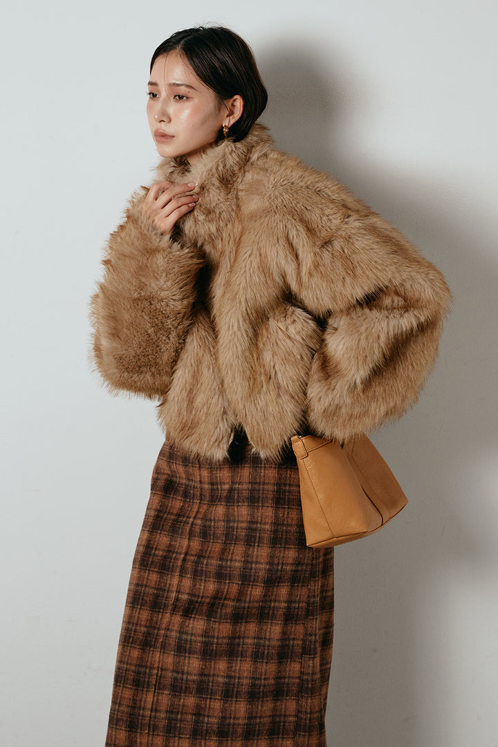 [SET]エコファーショート丈ブルゾン+シャギーチェックストレートスカート(2set)