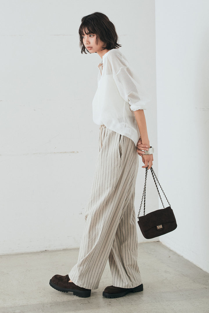 [SET]メッシュカットソースキッパープルオーバー+リネンライクストライプタックイージーパンツ(2set)