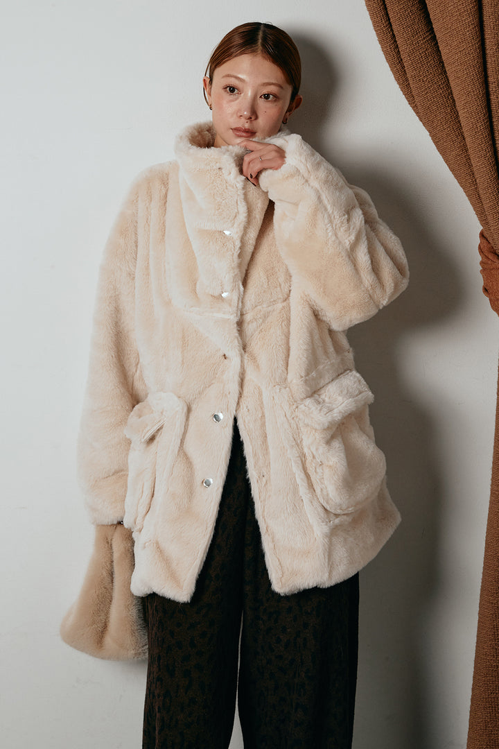 [SET]スタンドネックファーコート+レオパードジャガードニットパンツ(2set)