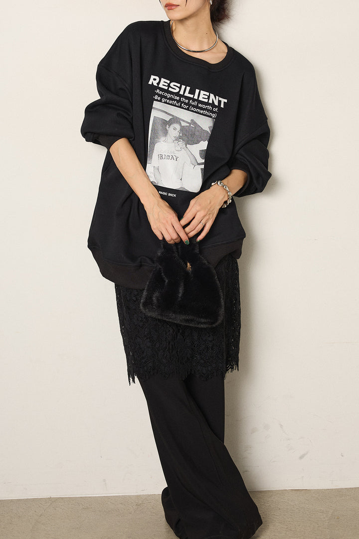 [SET]モノトーンプリントスウェット+レース刺繍レイヤードフレアパンツ(2set)