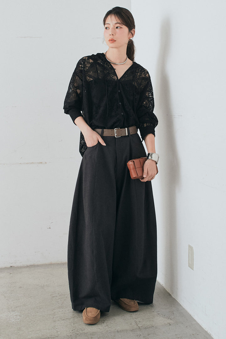 [SET]ブロックレースフード付きブラウス+ベルト付きサイドタックワイドパンツ(2set)