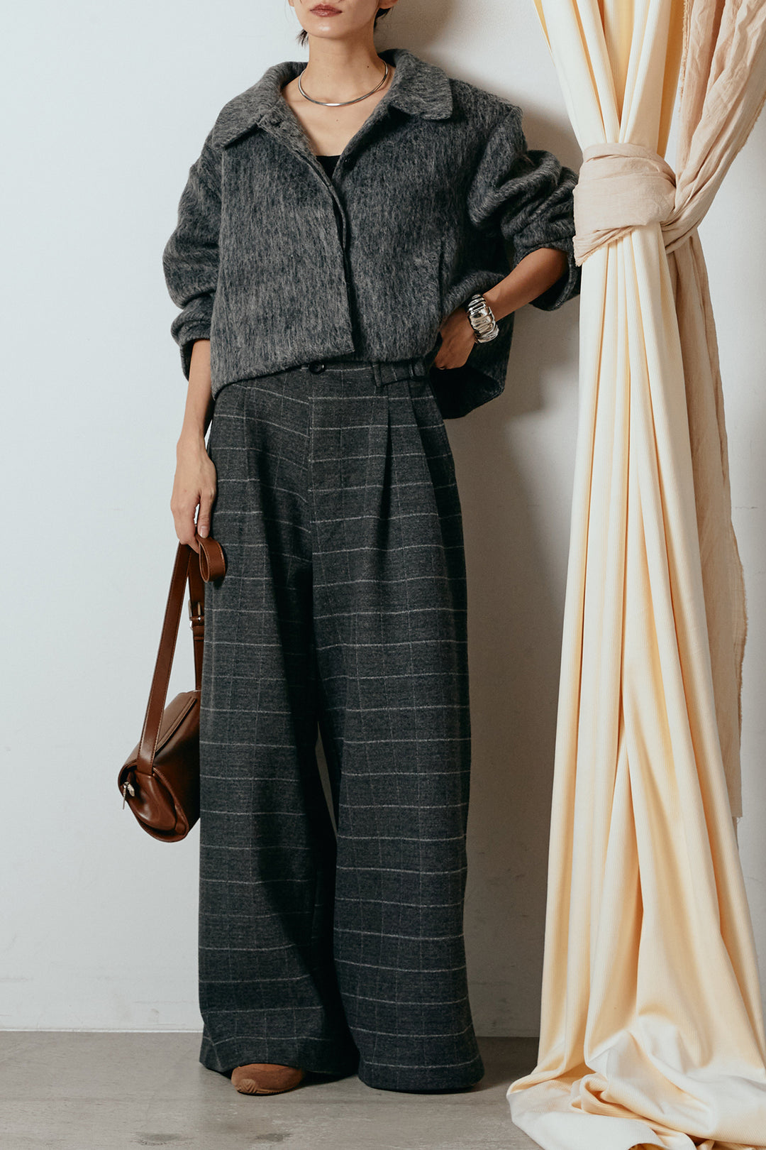 [SET]シャギーショートジャケット+スクエアチェック柄ワイドパンツ(2set)