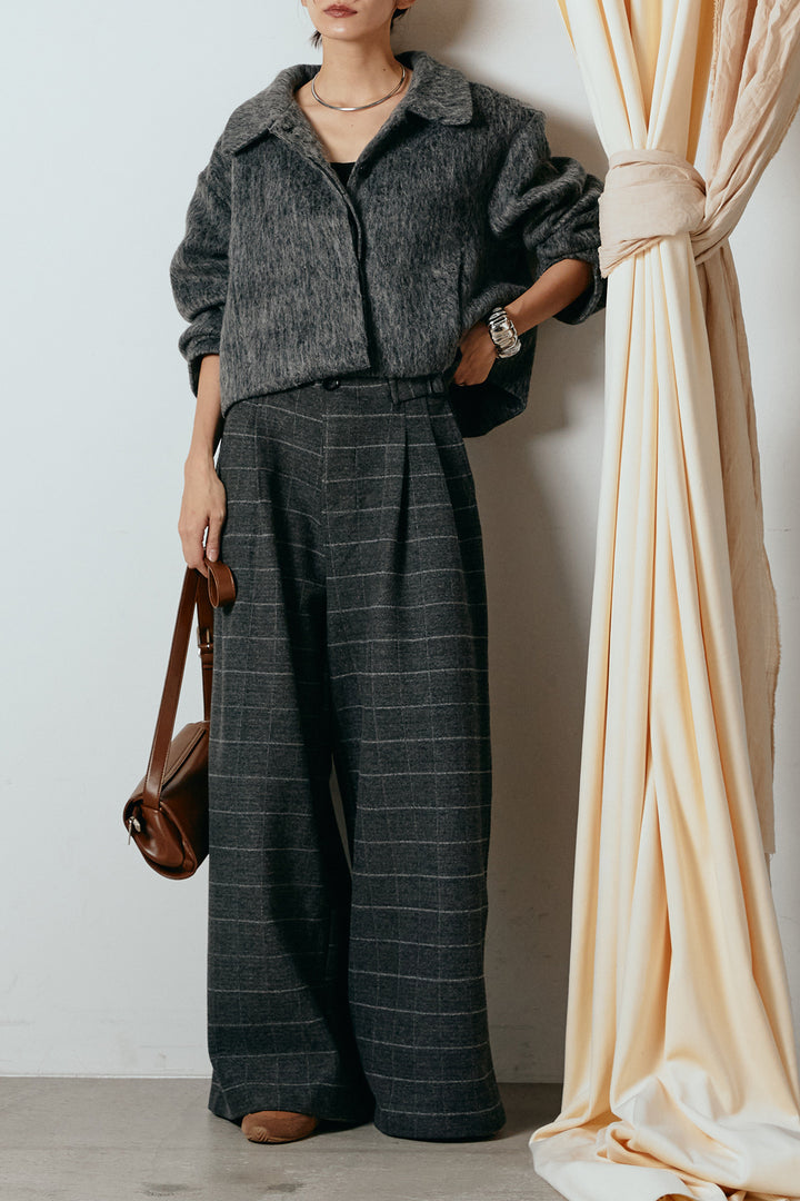 [SET]シャギーショートジャケット+スクエアチェック柄ワイドパンツ(2set)