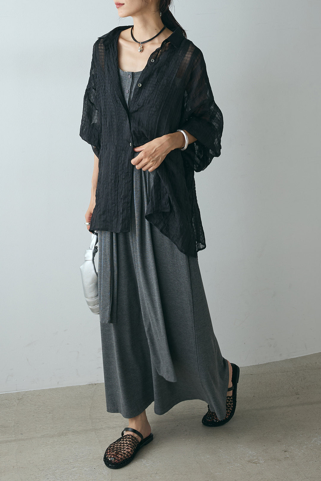 [SET]シアーマルチチェック柄シャツ+ウエスト巻きリブロングワンピース(2set)