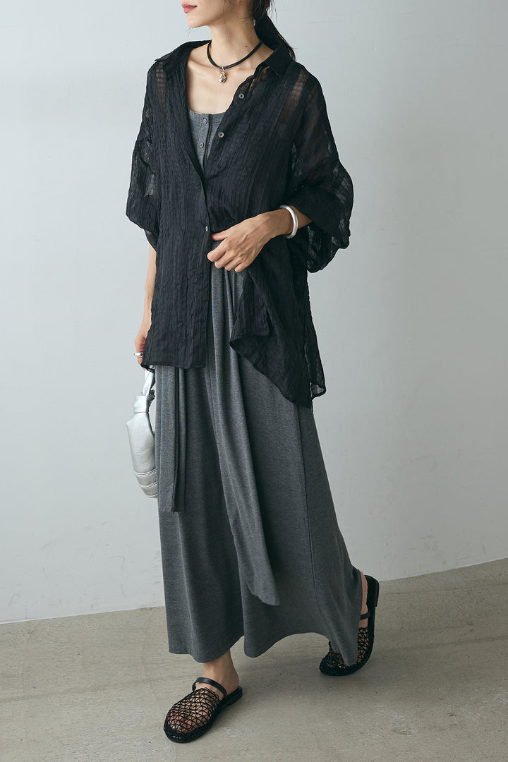 [SET]シアーマルチチェック柄シャツ+ウエスト巻きリブロングワンピース(2set)