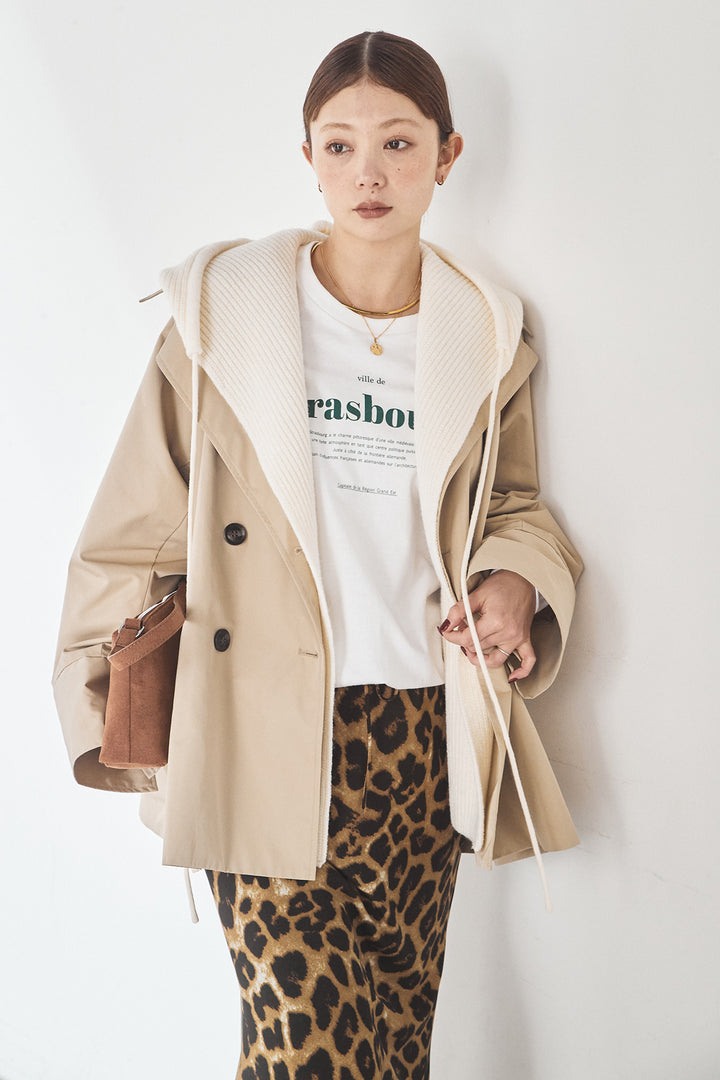 [SET]ナイロントレンチコート+レオパードサテンナロースカート(2set)