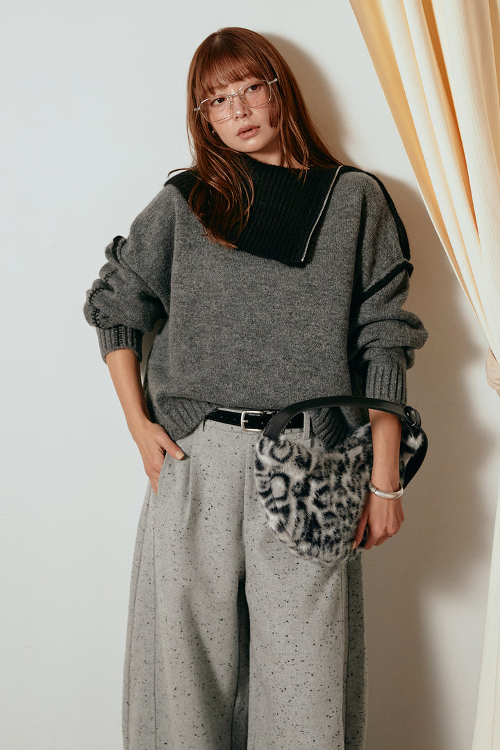 [SET]ハイネックジップデザインニットトップス+ベルト付きネップツイードカーブパンツ(2set)