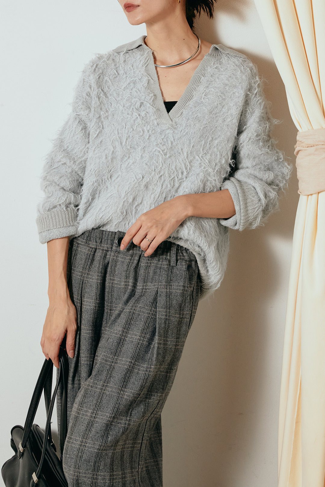 [SET]襟付きシャギーニットポロトップス+タータンチェック柄タックパンツ(2set)