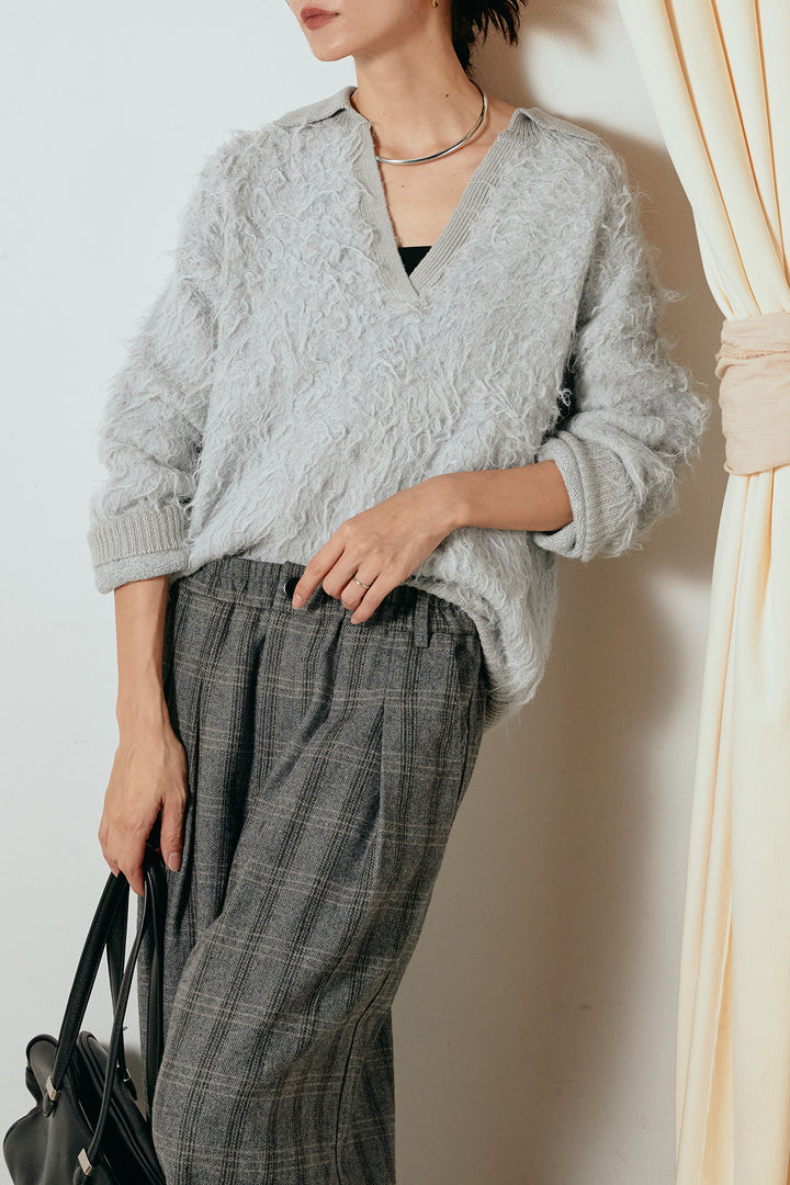 [SET]襟付きシャギーニットポロトップス+タータンチェック柄タックパンツ(2set)