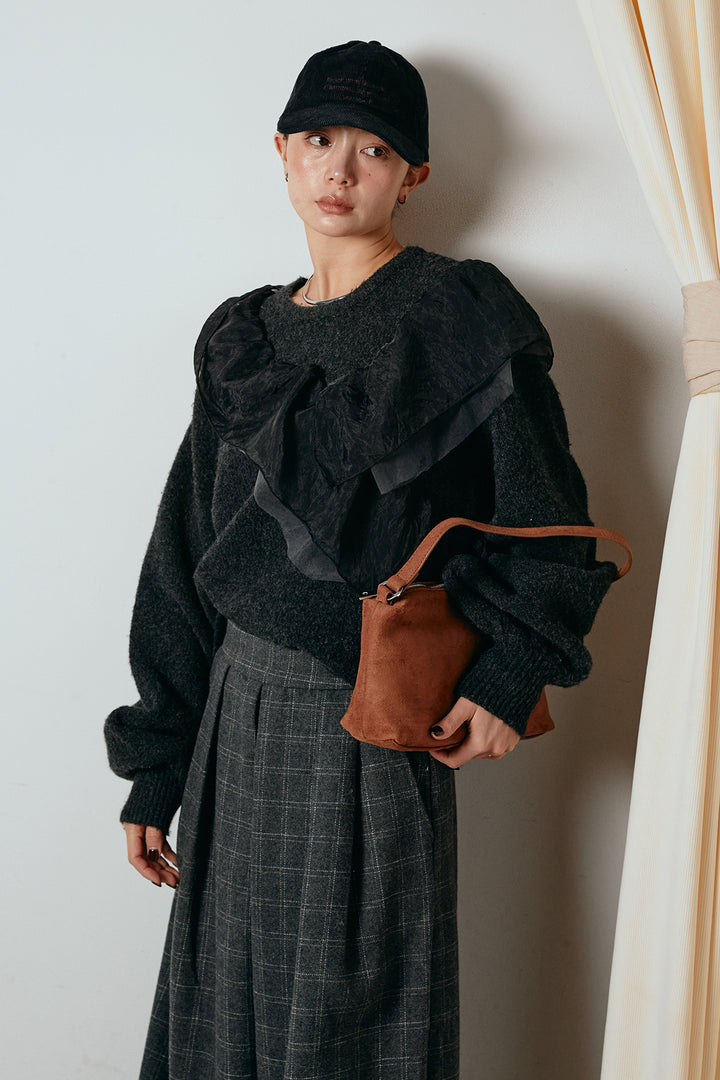 [SET]アシンメトリーフリルニットトップス+ウールライクチェックタックパンツ(2set)