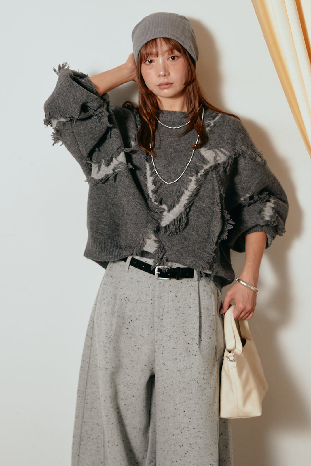 [SET]シャギージャガードニットトップス+ベルト付きネップツイードカーブパンツ(2set)