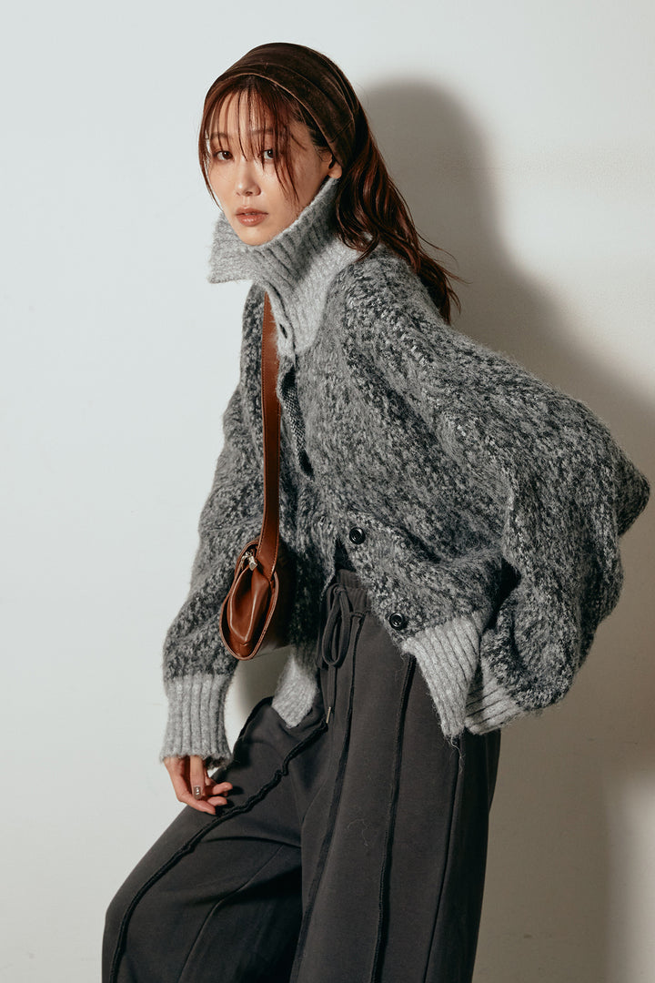 [SET]ハイネックミックスニットトップス+フロントラインデザインワイドスウェットパンツ(2set)