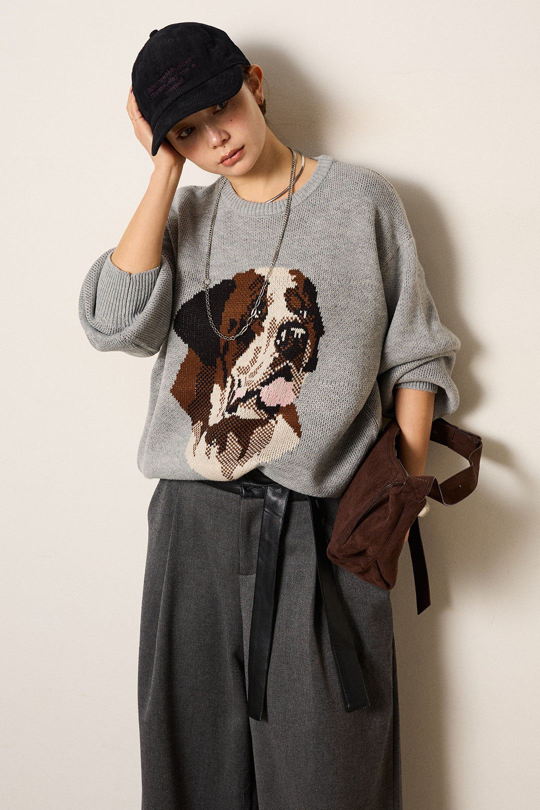 [SET]アニマルジャガード柄ニットトップス+巻ベルトウエストレザーライクワイドパンツ(2set)