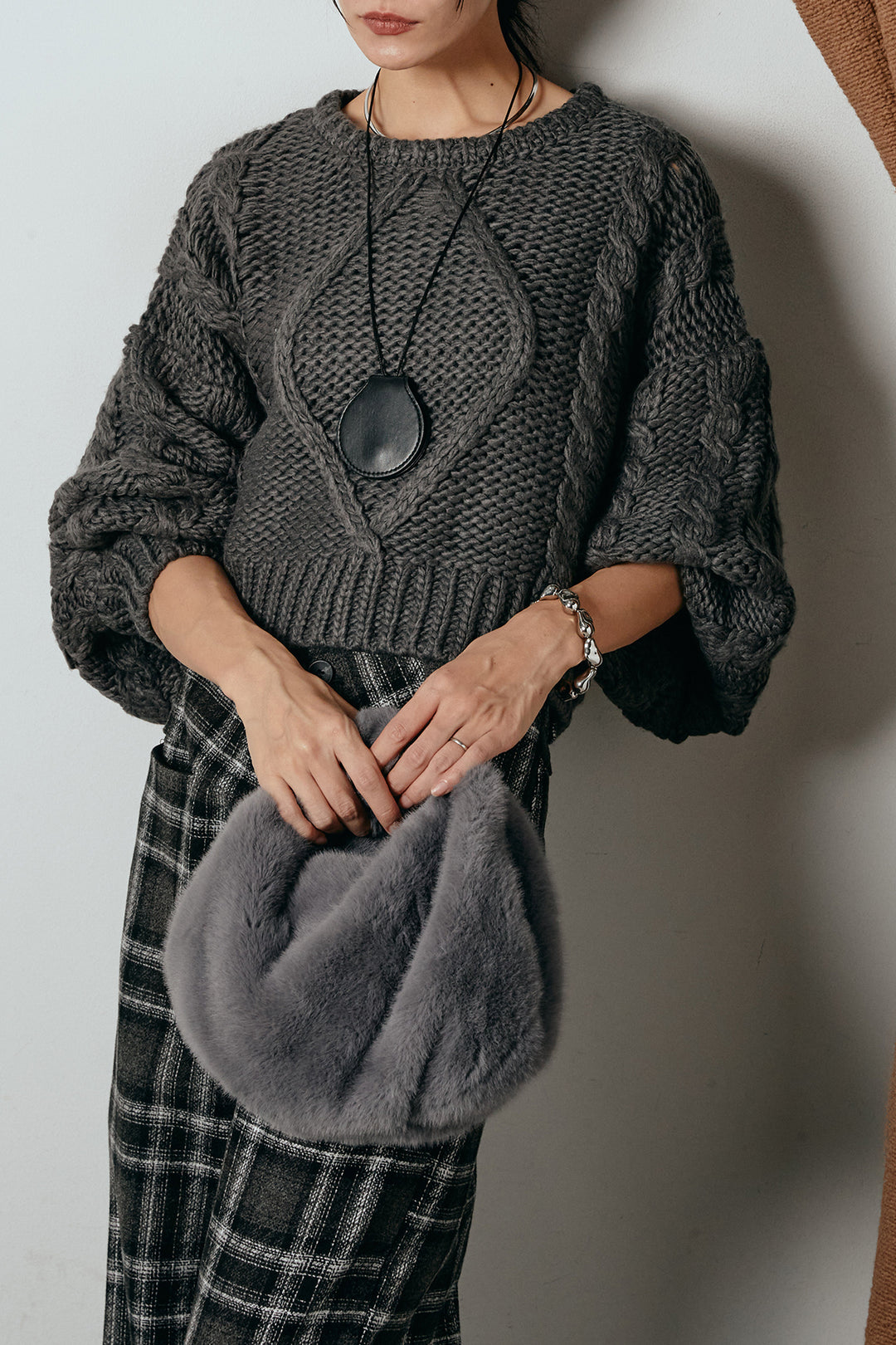 [SET]ロービングケーブルショート丈プルオーバー+ルーズタータンチェックワイドパンツ(2set)