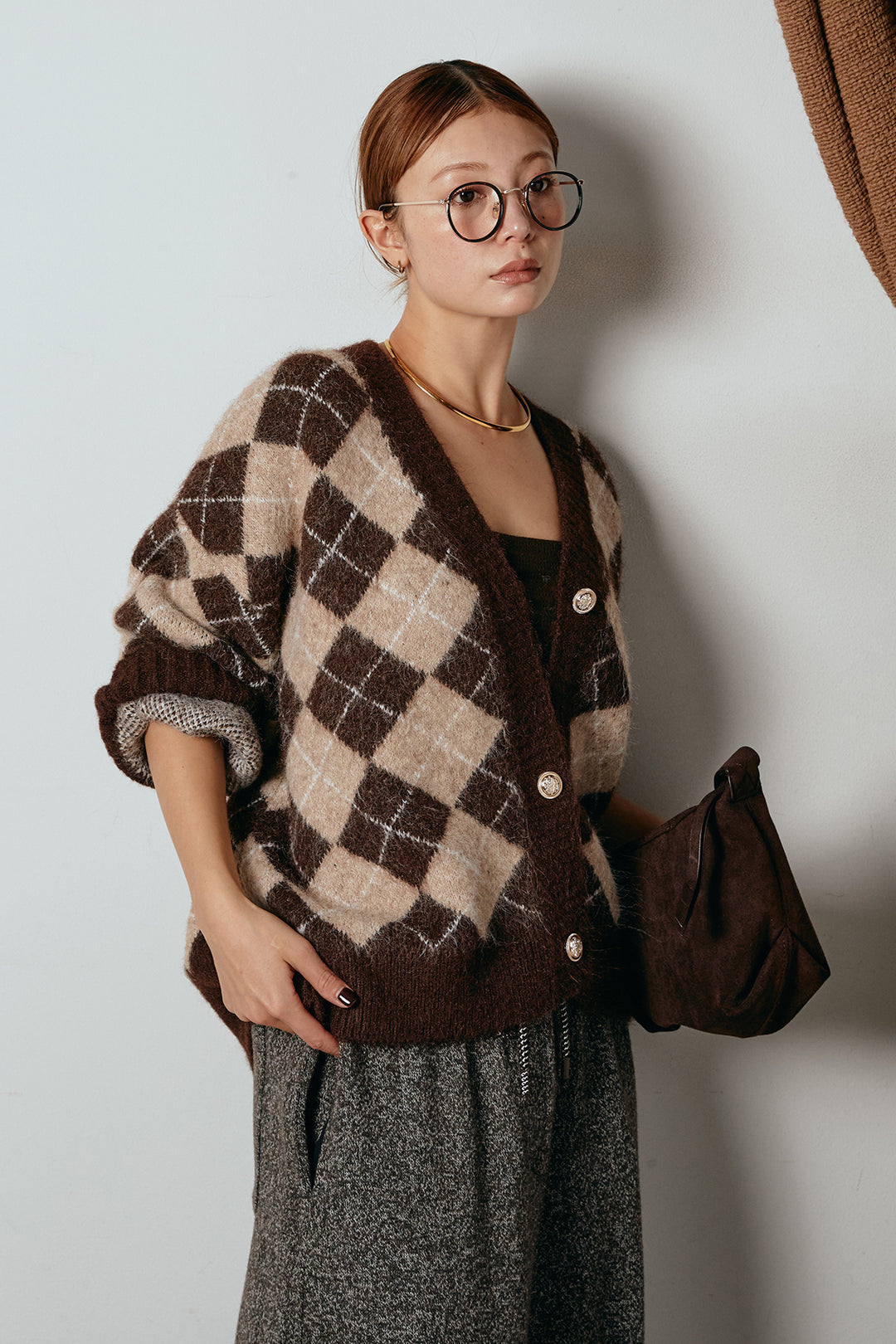 [SET]オーバーサイズ総柄Vネックニットカーディガン+杢ニットフレアパンツ(2set)