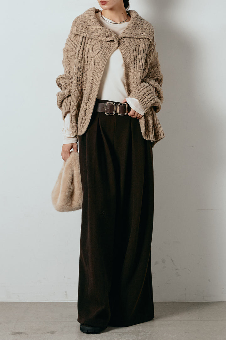 [SET]ビッグカラーケーブル編みニットトップス+フェイクレザー太ベルト付きタックワイドパンツ(2set)