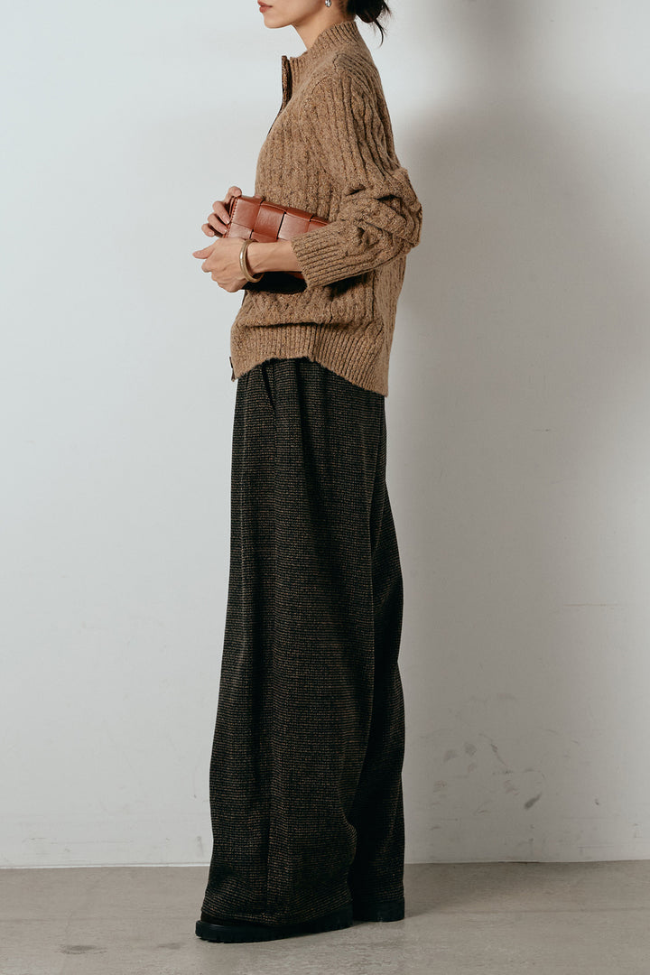 [SET]ボトルネックケーブルニットカーディガン+起毛タック入りツイードワイドパンツ(2set)