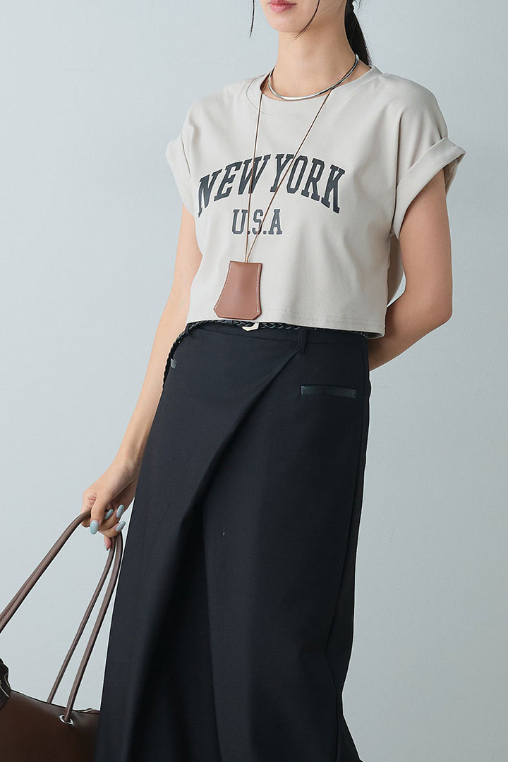 [SET]ショート丈NEWYORKロゴTシャツ+ベルト付きクロスデザインパンツ(2set)
