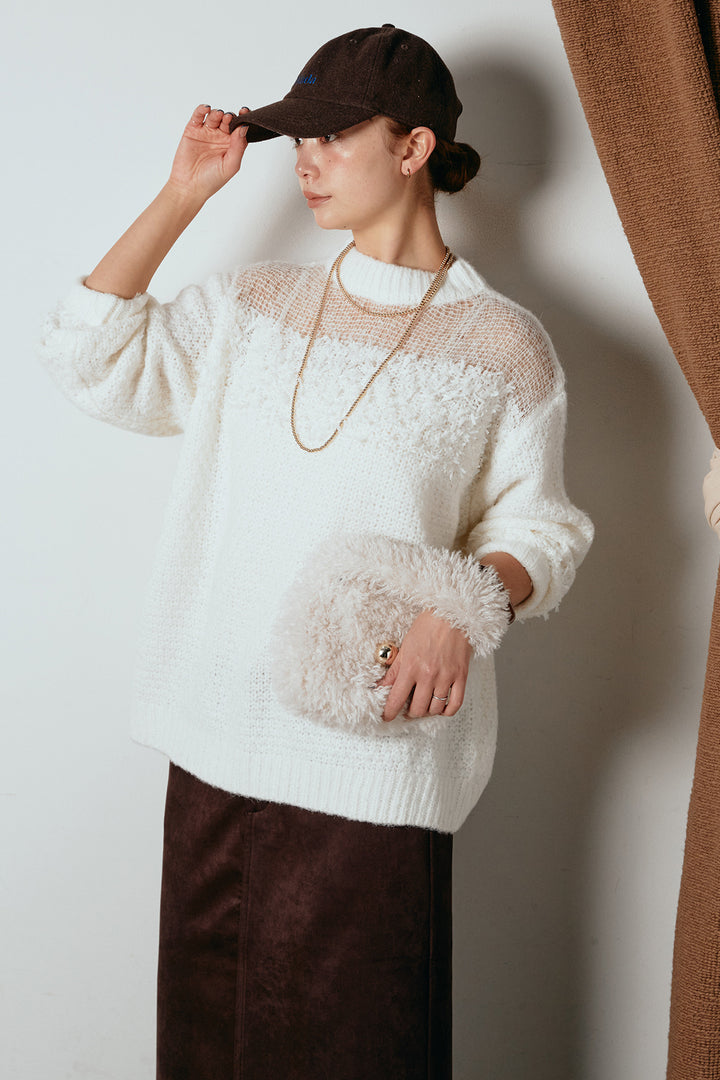 [SET]パターンランダム編みニットトップス+スウェードライク裾フリンジスカート(2set)