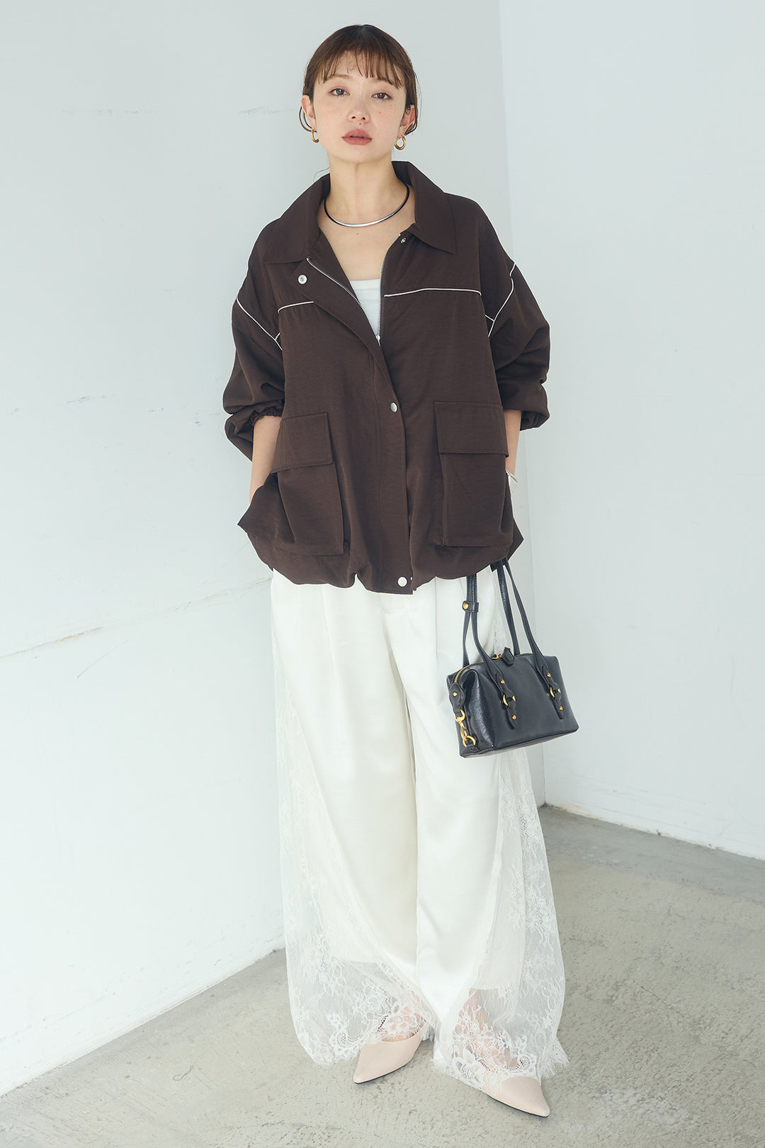 [SET]合繊ツイルバルーンジャケット+サテンレース切り替えタックパンツ(2set)