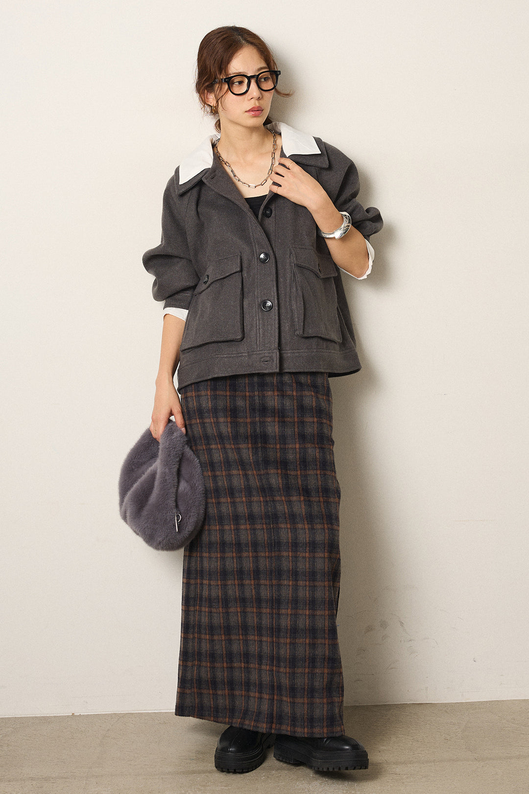 [SET]衿レイヤードフェイクウールジャケット+シャギーチェックストレートスカート(2set)