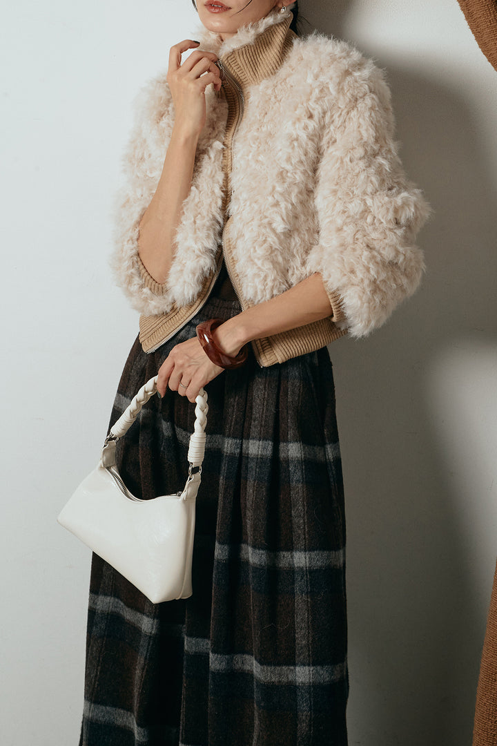 [SET]ハイネックショート丈ボアジップブルゾン+起毛タータンチェック柄ワイドパンツ(2set)