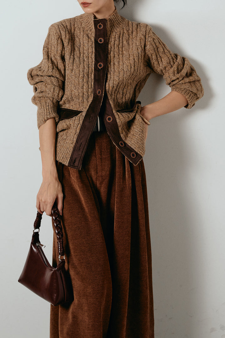 [SET]ボトルネックケーブルニットカーディガン+ベルトループコーデュロイワイドパンツ(2set)