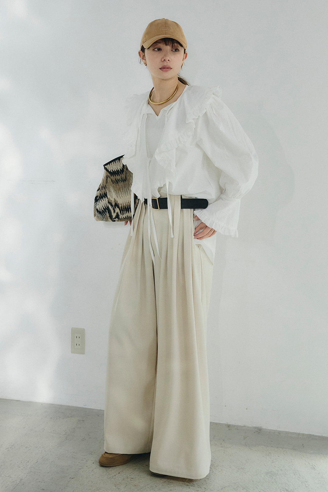 [SET]コットンフリルブラウス+ベルト付きタックデザインハイウエストロングパンツ(2set)