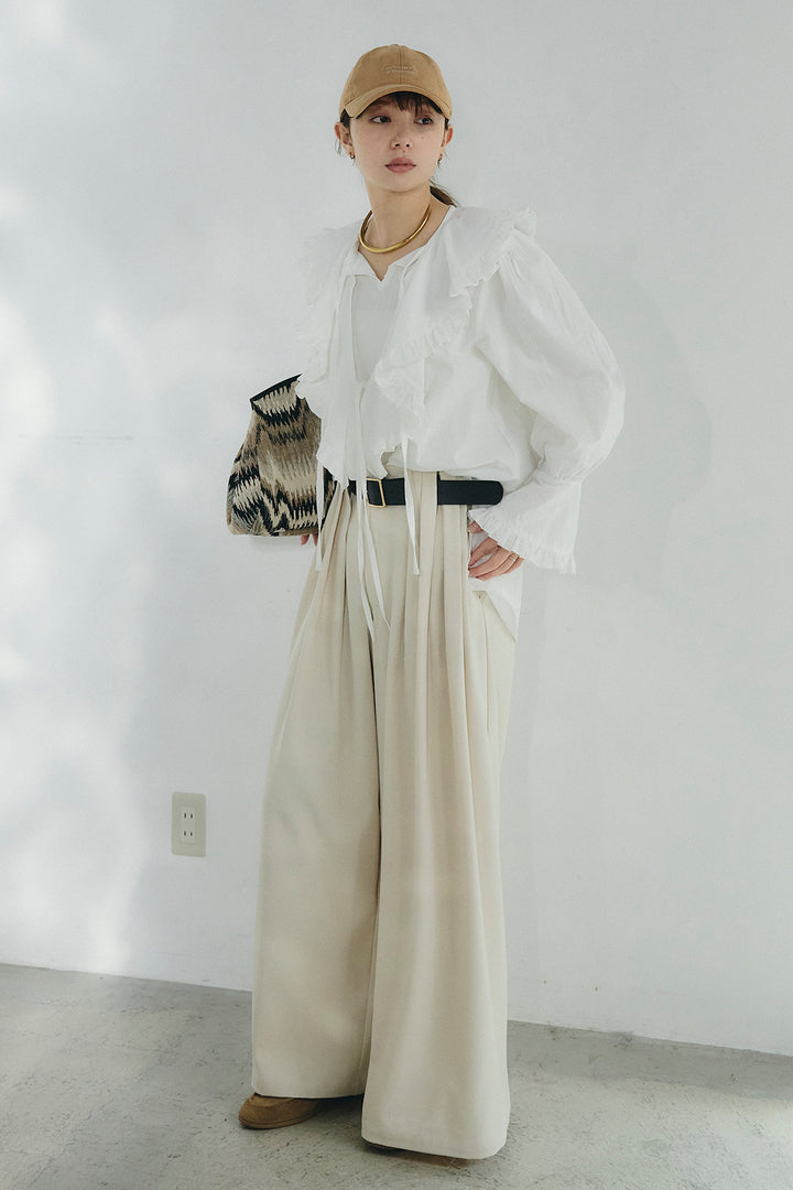 [SET]コットンフリルブラウス+ベルト付きタックデザインハイウエストロングパンツ(2set)