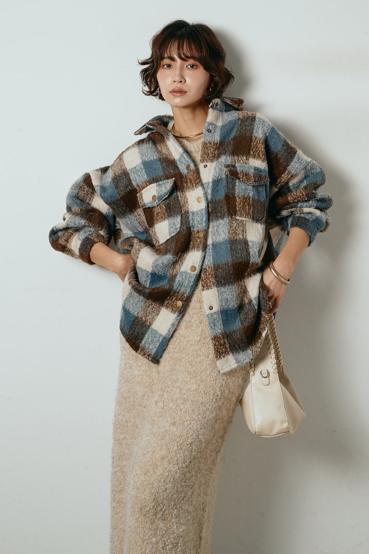 [SET]起毛チェック柄ポケットアウター+起毛ノースリーブニットロングワンピース(2set)