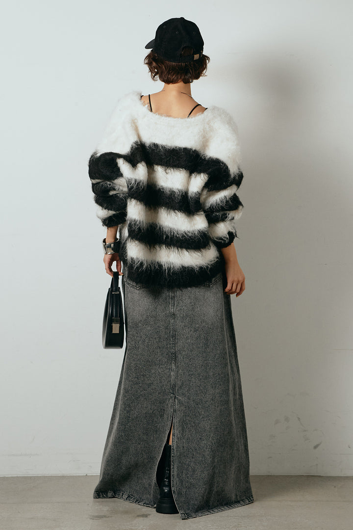 [SET]シャギーボーダー柄ニットカーディガン+デニムロングフレアスカート(2set)