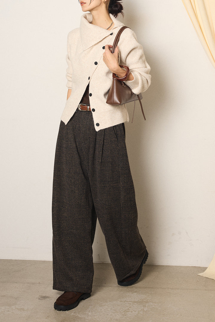 [SET]ボタンデザインネックニットプルオーバー+起毛タック入りツイードワイドパンツ(2set)