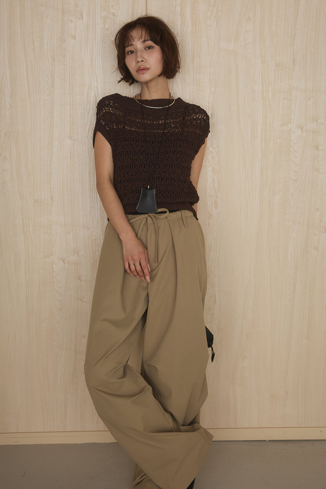 [SET]透かしレース編みフレンチニット+ニーサイドタックウエストドロストパンツ(2set)