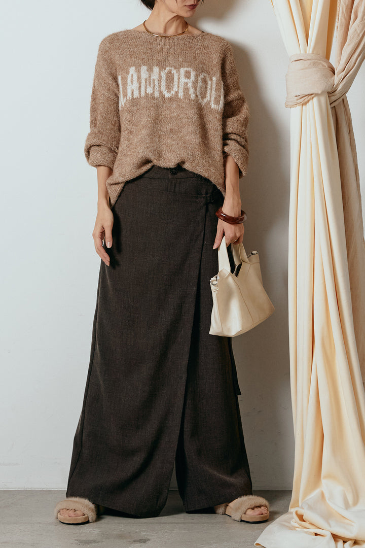[SET]フロントロゴデザインニットトップス+ラップ巻きワイドスラックス(2set)