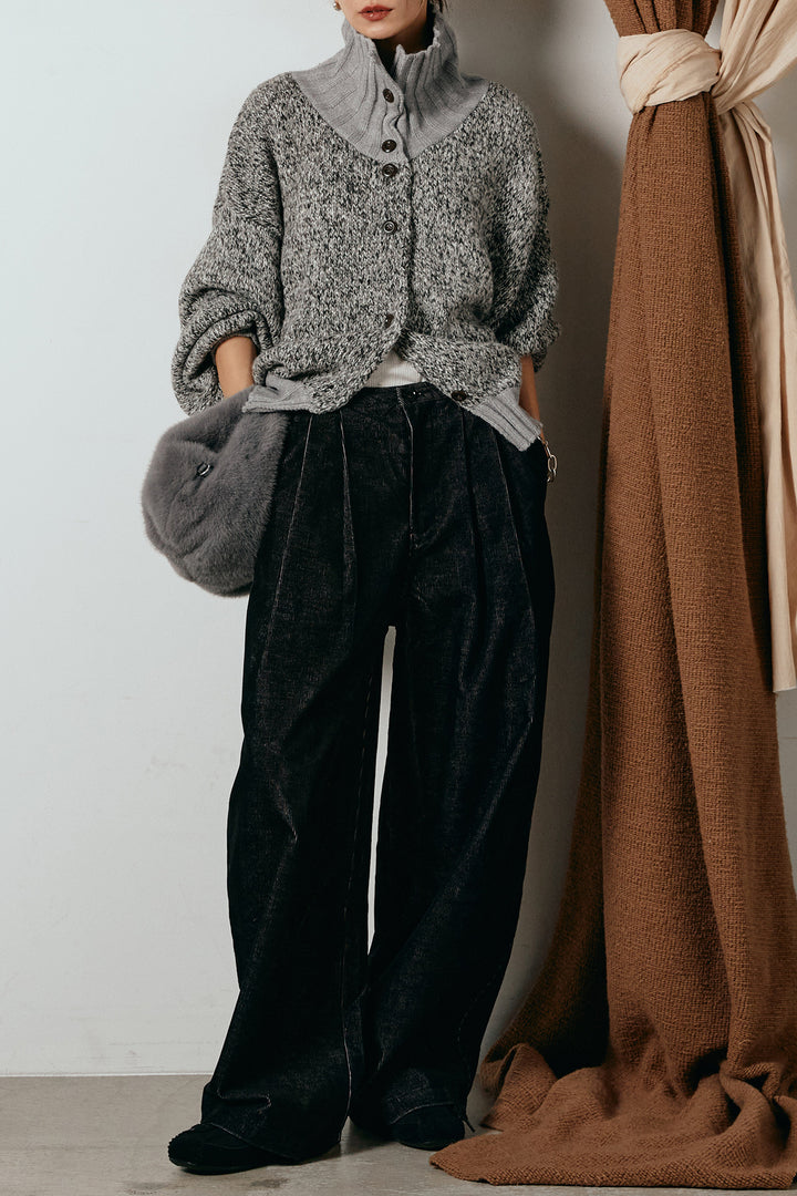 [SET]ハイネックミックスニットカーディガン+フロントタック入りコーデュロイパンツ(2set)