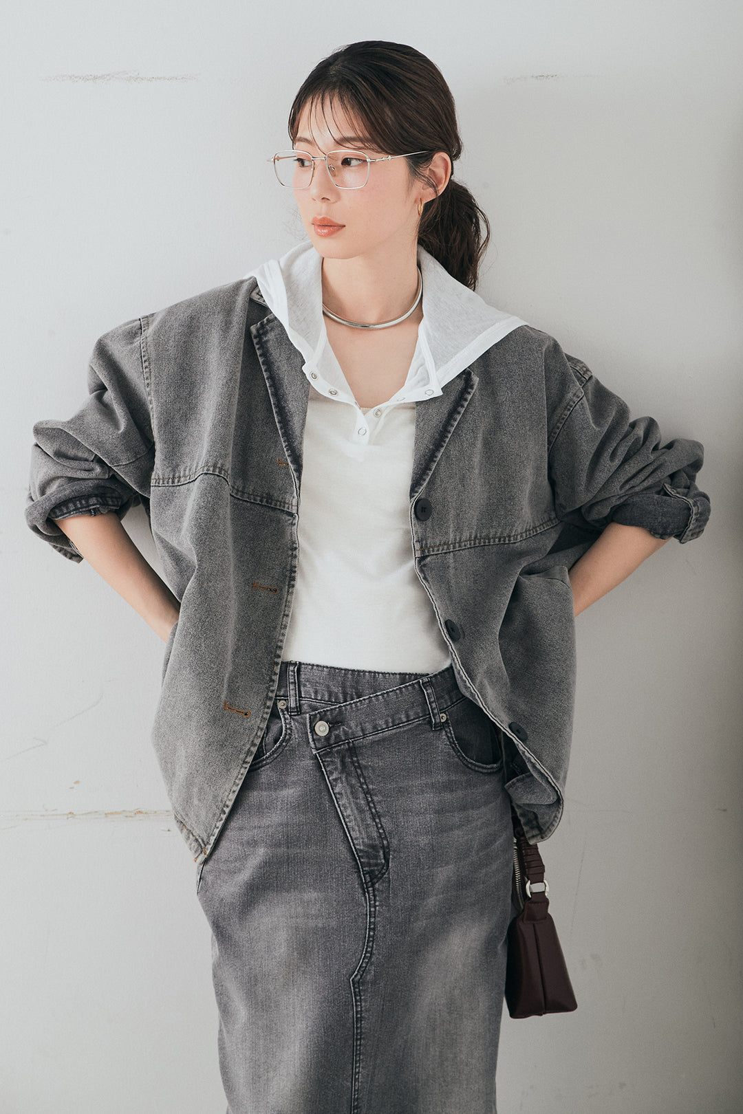 [SET]オーバーデニムジャケット+ウエストクロスデニムタイトスカート(2set)