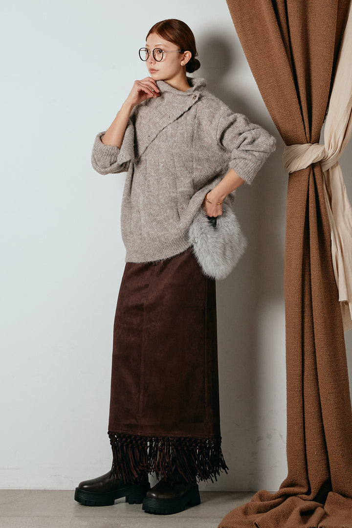 [SET]ケープデザインケーブルニットトップス+スウェードライク裾フリンジスカート(2set)