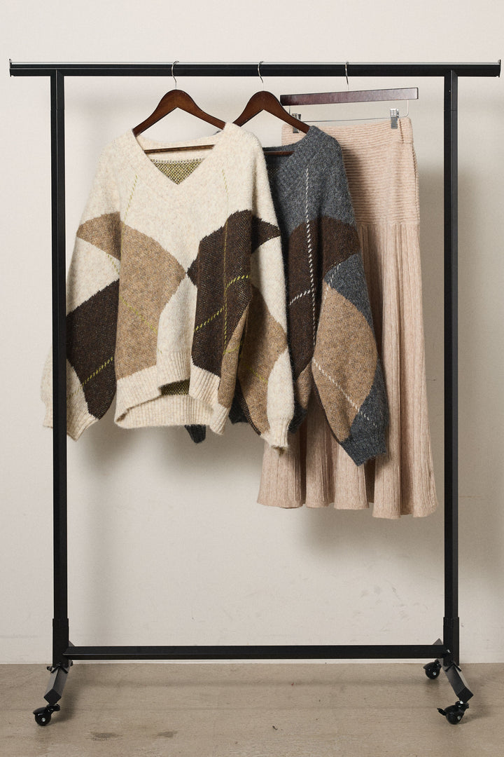 【着回しセット】[SET]ルーズアーガイルVネックニット+ルーズアーガイルVネックニット+編み地切り替えフレアニットスカート(3set)