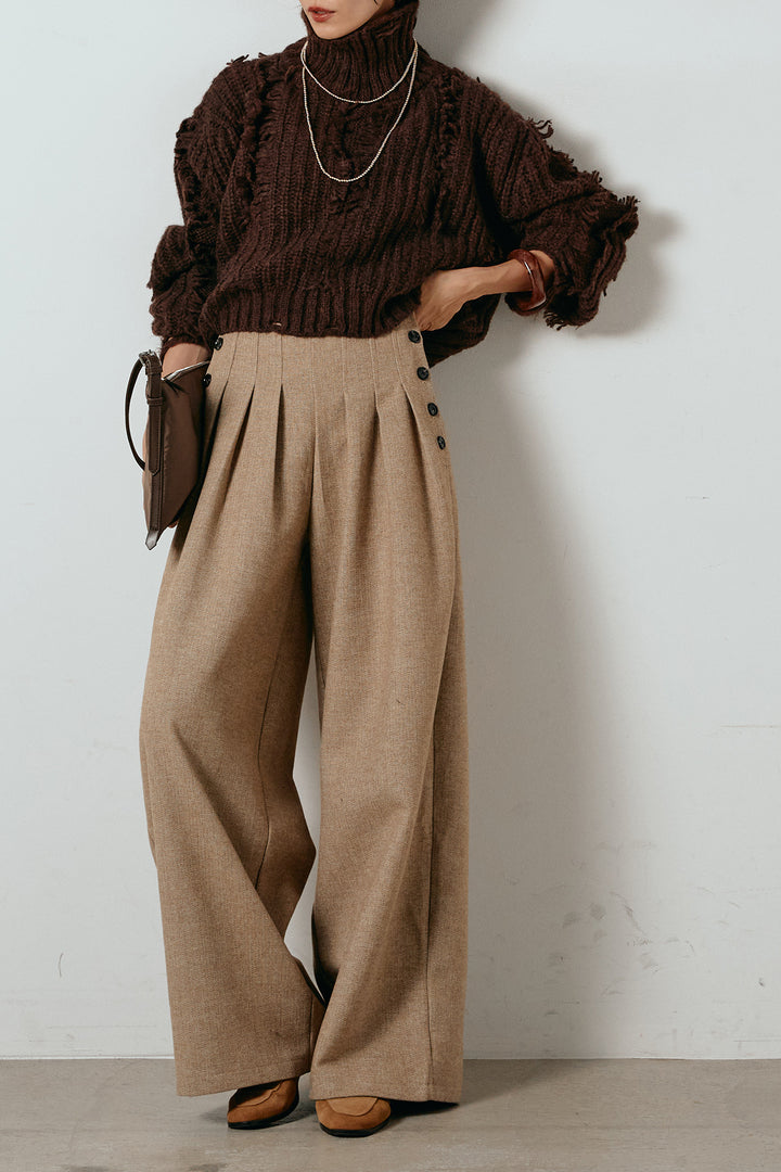 [SET]フリンジタートルショートニット+サイドボタンツイードタックパンツ(2set)