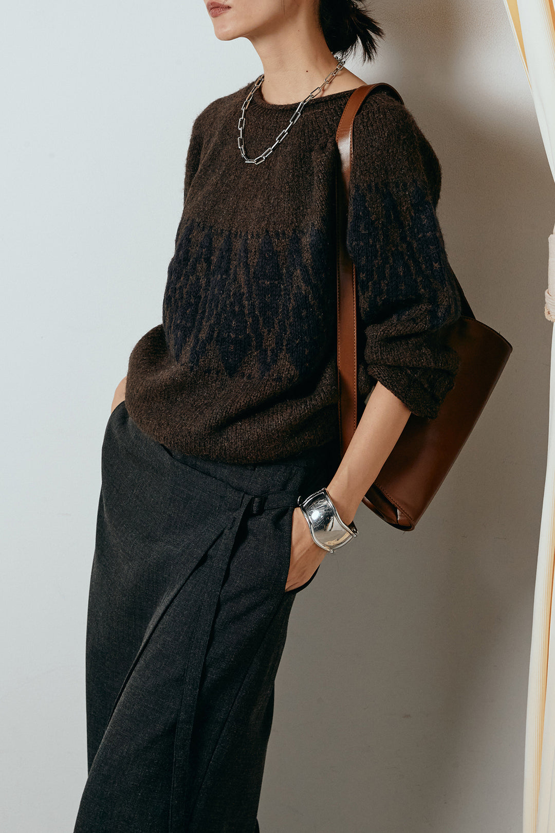 [SET]モノトーン柄ニットトップス+ラップ巻きワイドスラックス(2set)