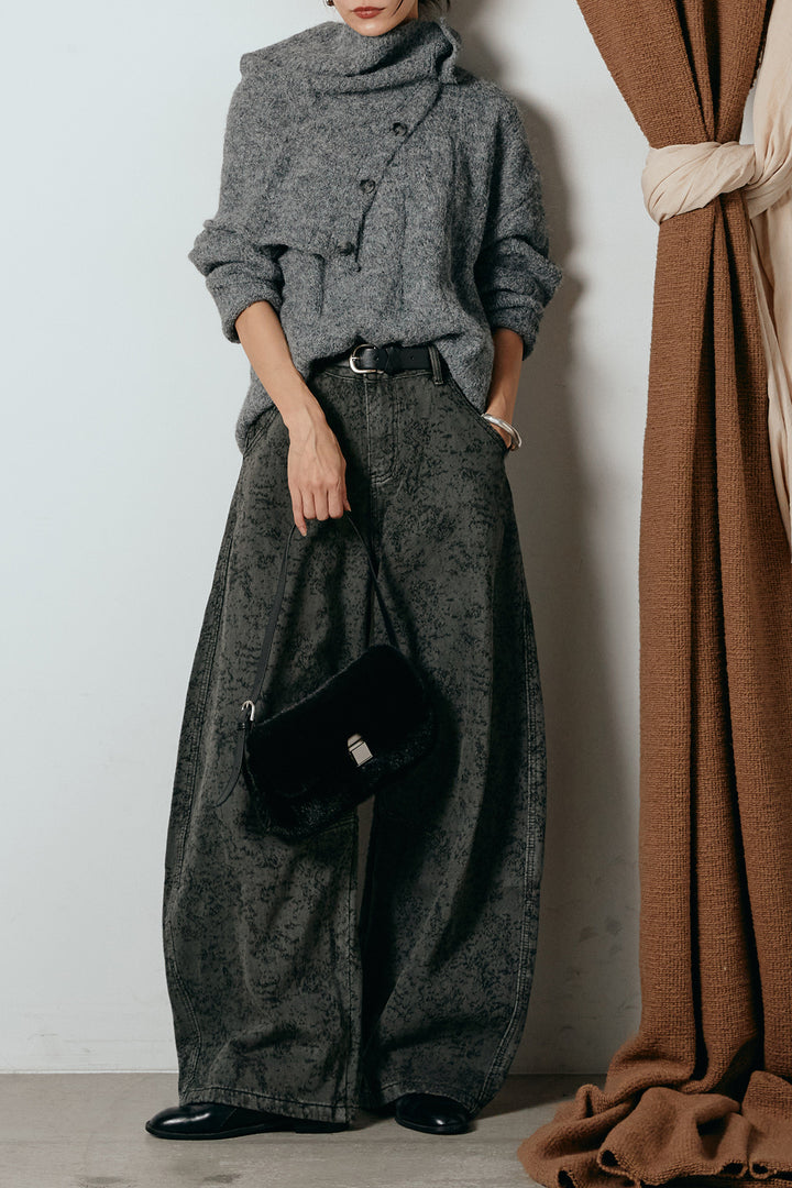 [SET]ケープデザインケーブルニットトップス+ベルト付きニュアンス柄カーブワイドパンツ(2set)