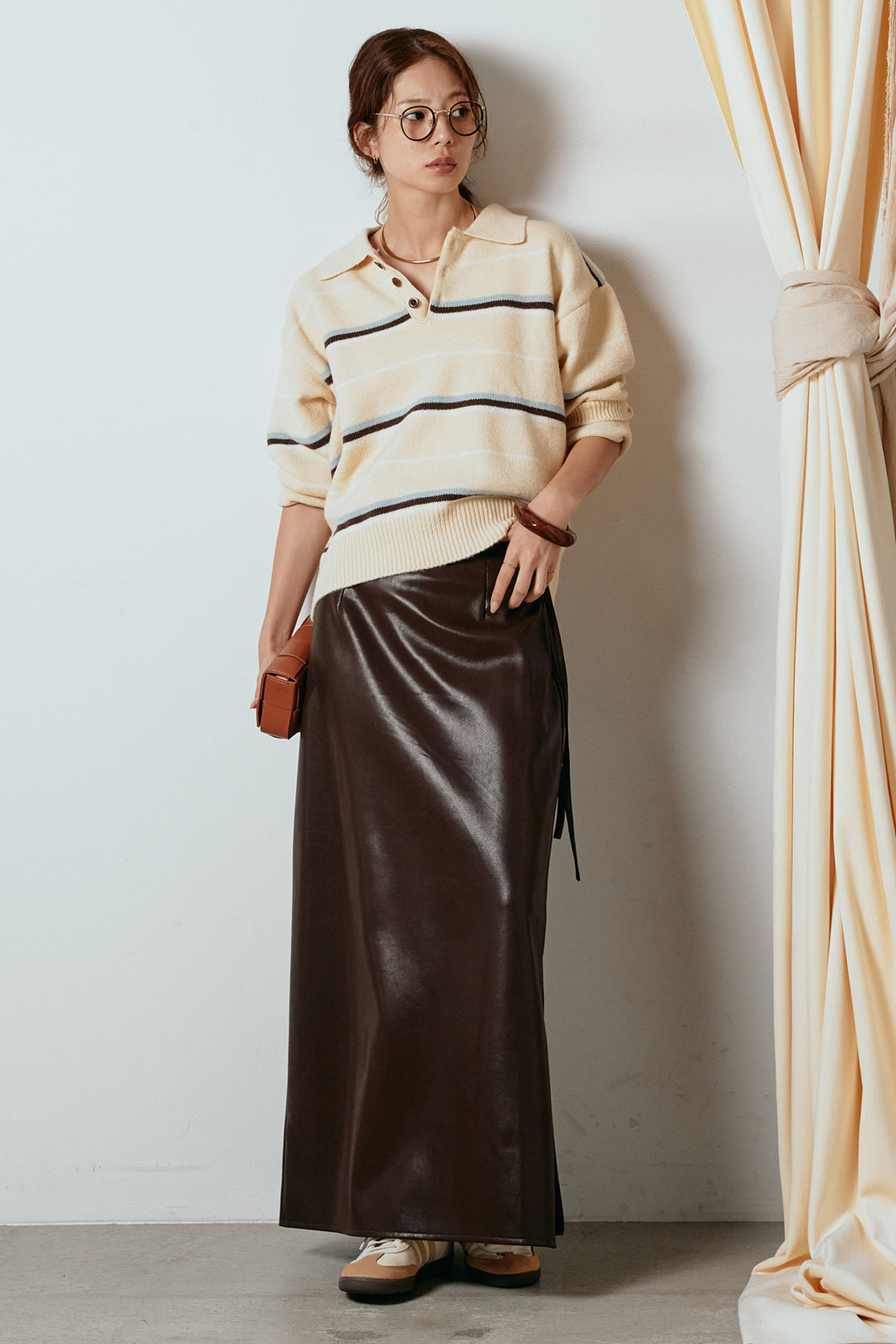 [SET]襟付きマルチボーダーニットポロトップス+紐付きフェイクレザーワイドスカート(2set)