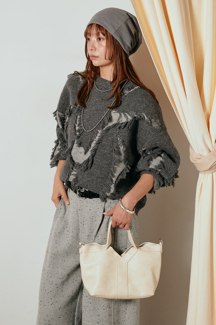 [SET]シャギージャガードニットトップス+ベルト付きネップツイードカーブパンツ(2set)