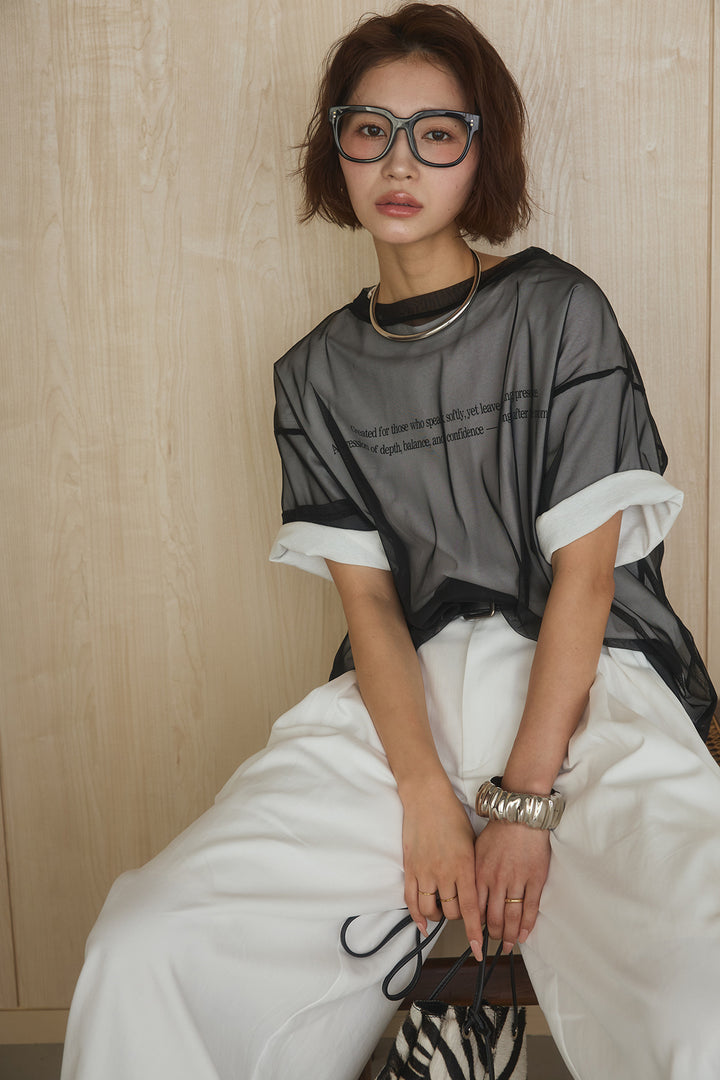 [SET]綿天竺Tシャツ×チュールトップス+ベルト付きビックループワイドパンツ(2set)